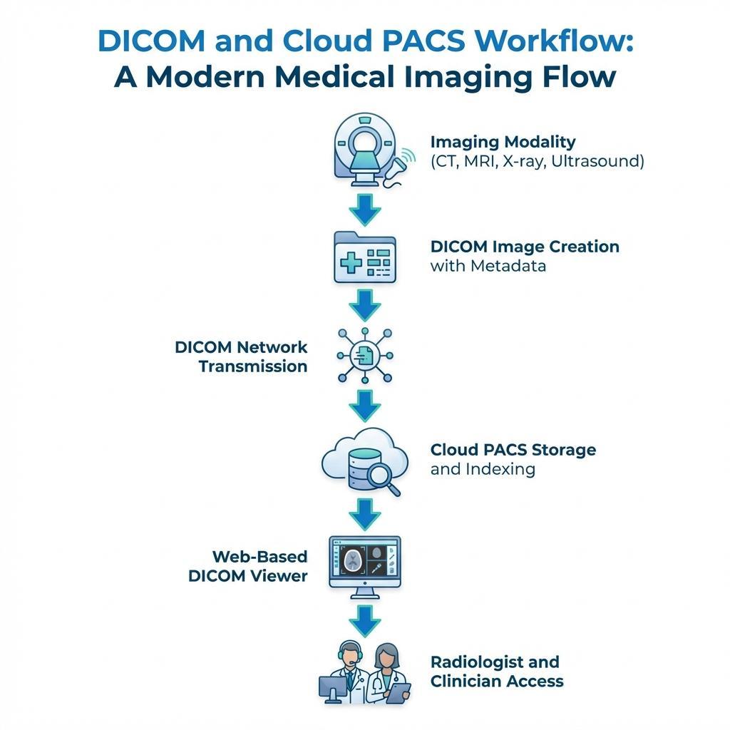 Diagramma del flusso di lavoro da DICOM a PACS che mostra il flusso dei dati di imaging medicale dalla modalità al Cloud PACS e l'accesso clinico